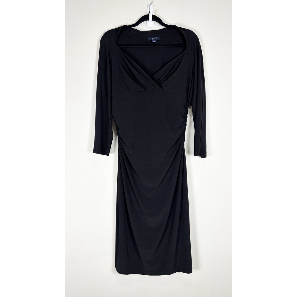Chaps Dress V-Neck Long Sleeve Ruched Waist Medium Mid Length Large